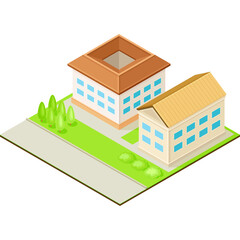 Two Isometric Buildings Surrounded by Greenery and a Paved Road in a Top Down View of an Urban Landscape