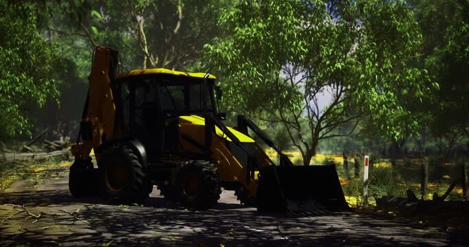 A bright yellow backhoe loader is actively clearing fallen branches from a gravel road surrounded by dense greenery. Sunlight filters through the leaves, casting playful shadows.