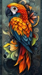 Fototapeta premium A parrot rendered in Art Nouveau style, with intricate, flowing patterns and decorative elements.