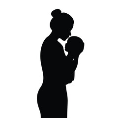 A woman's profile silhouette with a baby in her arms. Vector illustration isolated on a white background