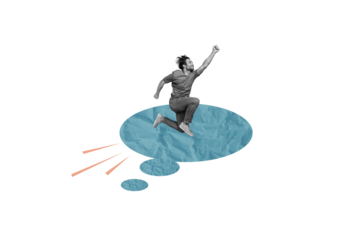 Composite creative art collage of happy man fly cloud sky superhero pose bubble communication speech isolated on painted background