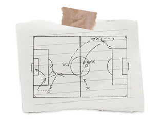 Football manager coaching. Write a rough Soccer game tactical strategy in pencil on piece of white paper with black lines torn stick with masking tape isolated transparent background or png file.