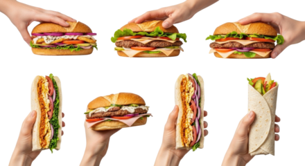 Hands holding various fast food items transparent background cutout png