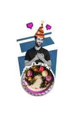 Vertical photo collage of happy glam birthday man wear cap sweet cake invitation celebration event like isolated on painted background