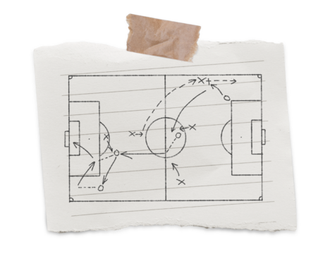 Football manager coaching. Write a rough Soccer game tactical strategy in pencil on piece of white paper with black lines torn stick with masking tape isolated transparent background or png file.