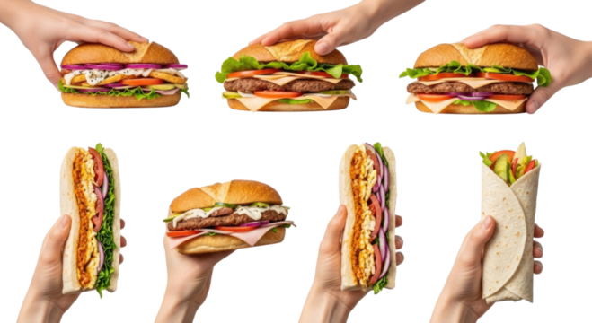Hands holding various fast food items transparent background cutout png