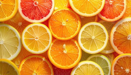 Obraz premium Vibrant Close Up of Fresh Citrus Fruit Slices Including Oranges Lemons and Grapefruits in Bright Sunlight