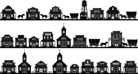 Western town silhouette vector set, black and white frontier buildings, editable illustration for cowboy, saloon, hotel, church, wagon, rustic design