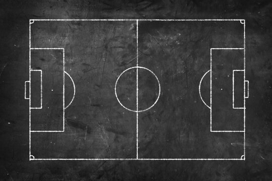 Soccer field lines on old blackboard background. Empty football manager coaching chalkboard.