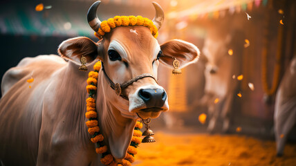 devotional gau puja scene featuring garlanded cow and warm bokeh
