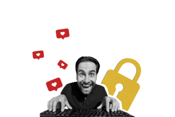 Composite photo collage of crazy man type keypad social media heart like notification blog lock hacking isolated on painted background