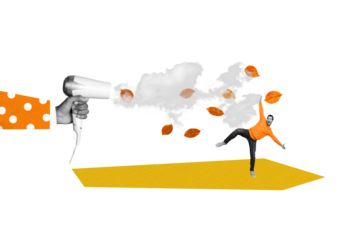 Composite photo collage of happy man dance hand hold hairdryer blow heat dry autumn foliage leaves isolated on painted background