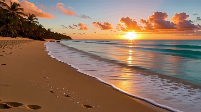 A breathtaking sunrise illuminates a serene tropical beach, casting a golden glow over the tranquil turquoise water and the pristine sandy shore lined with swaying palm trees, creating a paradise view