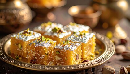 Sweet Sri Lankan Lavariya Coconut and Jaggery Filling in String Hoppers Served on a Traditional Brass Plate with Pistachio Garnish and Warm Golden Lighting