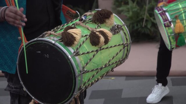 Indian Dhak dhol or special indian drum performing.	