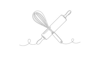 Modern One Continuous Line Art Drawing of Crossed Whisk and Rolling Pin, Capturing Baking Essence in a Minimalist Graphic Style, Ideal for Creative Projects