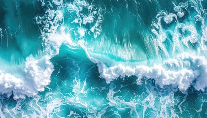 Turquoise Ocean Wave Breaking with White Foam and Splashing Water Abstract Aerial View From Above