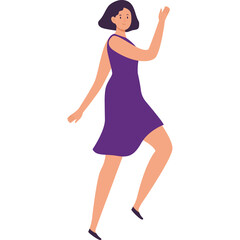 A Flat Illustration of a Woman in a Purple Dress Dancing Joyfully on a Transparent Background with Clean Lines and Minimalist Style