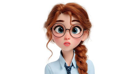 A whimsical cartoon girl with rosy cheeks and wide curious blue eyes peering from behind round on transparent background