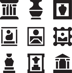 Minimalist museum icons collection featuring ancient columns pedestal vase sculpture artwork and classical building facade for stock graphics