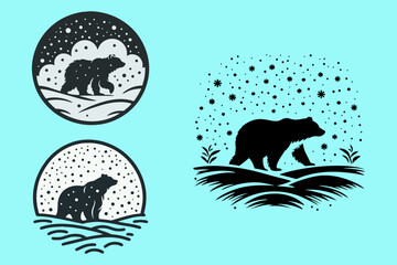 This is a vector image of a bear walking in the snow, suitable for use in company logo designs for raincoats, books, printing, t-shirts, children's sandals, children's toys, stickers, books