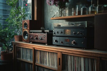 Fototapeta premium photo of high-end stereo set on wooden rack, calm warm tones, quiet aesthetic