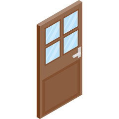 A pixel art illustration of a brown wooden door with four glass panes and a silver handle on a white background