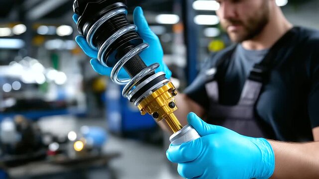 Close-up of gloved hands adjusting coilover suspension unit with blurred mechanic torso in background, with copy space