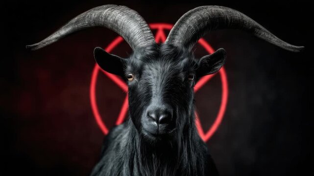 A frontal portrait of a black goat, with curved horns, against a dark background and pentagram