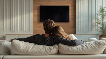 Obraz premium A young couple sits on a comfortable couch, embracing each other while watching television in a cozy living room with wooden accents.
