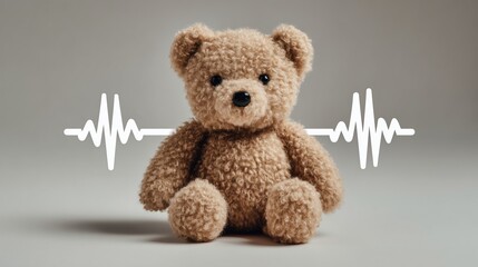 Obraz premium A soft brown teddy bear sits against a neutral background. A heartbeat line graphic is displayed behind it, symbolizing comfort and care.