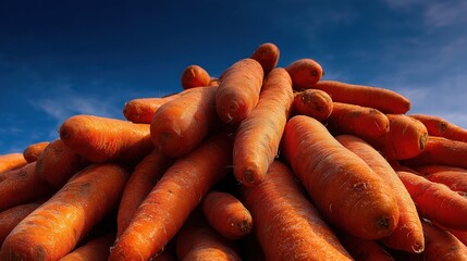 A pile of fresh, orange carrots against a clear blue sky. The carrots are of various sizes and shapes, showcasing their natural texture and color.