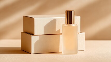 A clear glass perfume bottle with a gold cap sits beside two stacked beige boxes. The background features soft, warm lighting.