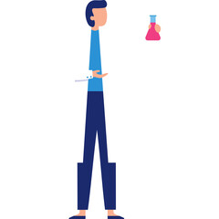A Long Legged Male Figure With Blue Shirt and Dark Blue Pants Holds a Pipette and a Pink Liquid Flask in a Minimalist Style with a White Transparent Background