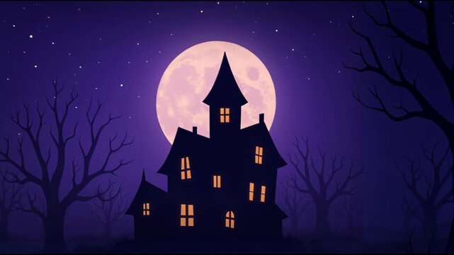 Haunted house under full moon with flying bats and spooky forest at night, Slow motion animation