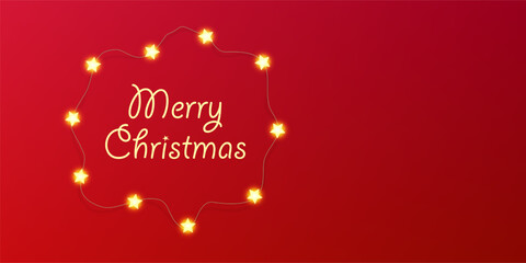 Star light garland wreath, fairy bulbs vector holiday card. Merry Christmas typography in shiny border. Wired lamps shine around text, glitter ribbon ornament. Bright warm lightbulbs, chain flatlay