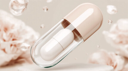 Obraz premium Transparent capsule on a pink palette background, subtle reflection — a pack and beauty shot for serums and cosmetics.