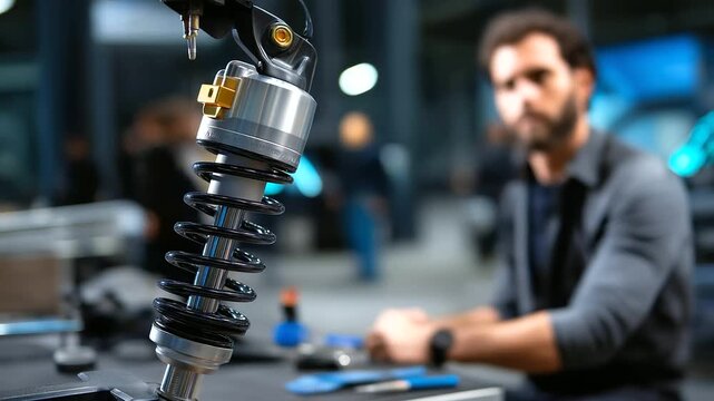 Defocused mechanic in background with sharp detailed view of mounted shock absorber system, with copy space