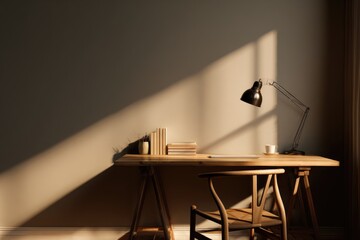quiet workspace with single lamp on wooden desk, shadows and calm tones