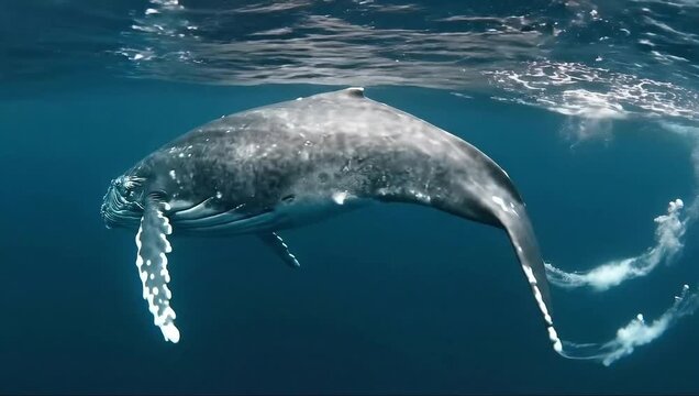 A majestic humpback whale swimming gracefully below the ocean surface, then arching its back for a deep dive.