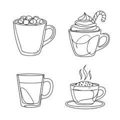 Set of four hot beverages line icons, winter holiday drink illustration