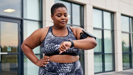 Plus size woman checking fitness tracker after workout outdoors in front of modern building