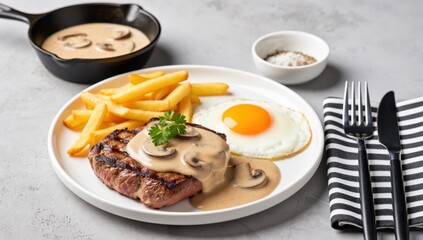 Delicious steak with mushroom sauce, fried egg, and french fries served on a white plate, ready to eat
