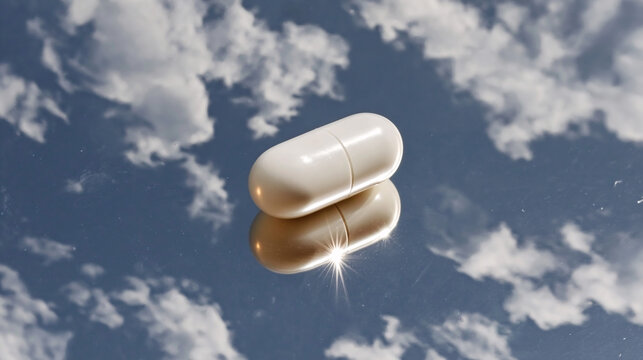 White capsule on a mirrored surface with sky reflection &mdash; a conceptual shot for pharma and wellness brands.
