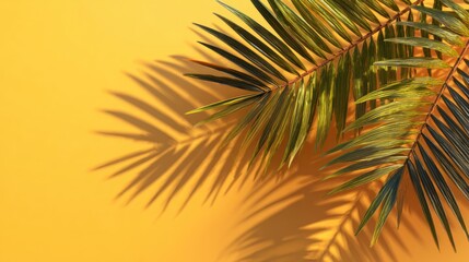 Obraz premium Palm leaves casting shadows on yellow surface tropical background concept