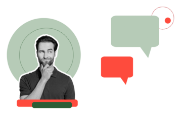 Creative photo poster trend art collage image of doubtful man hold chin think solution bubble communication chat notification icon