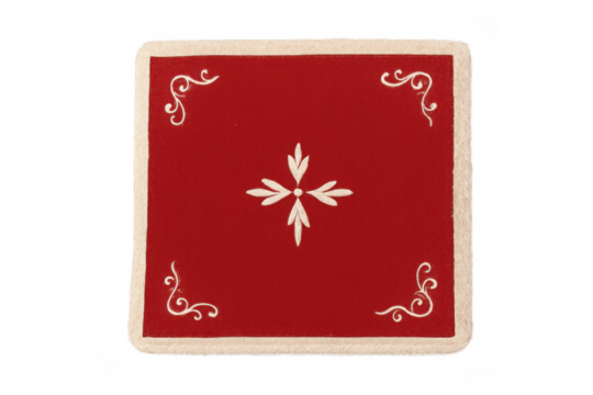 Playing card back with red pattern and decorative white scrollwork, classic gambling game element
