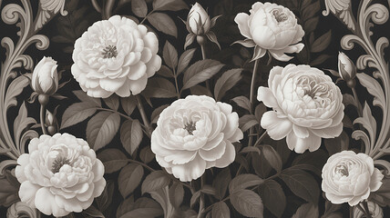 Vintage illustration of white roses and buds with ornate dark background