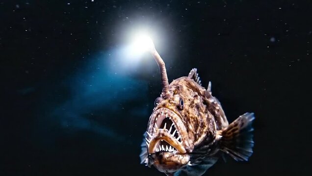 A realistic deep-sea anglerfish predator, with a glowing lure, rotating 360 degrees in the dark abyss.