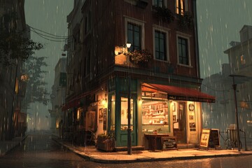 peaceful rainy street with small glowing caf&eacute;, cute friendly vibe and warm reflection